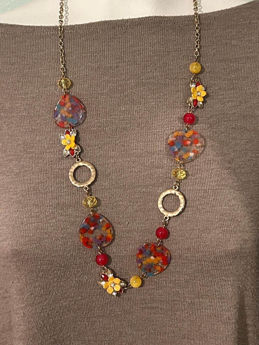 C1946 Multicolor Floral Long Necklace Yellow & Red Gold & confetti Accents